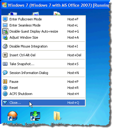 Tùy chọn menu VirtualBox