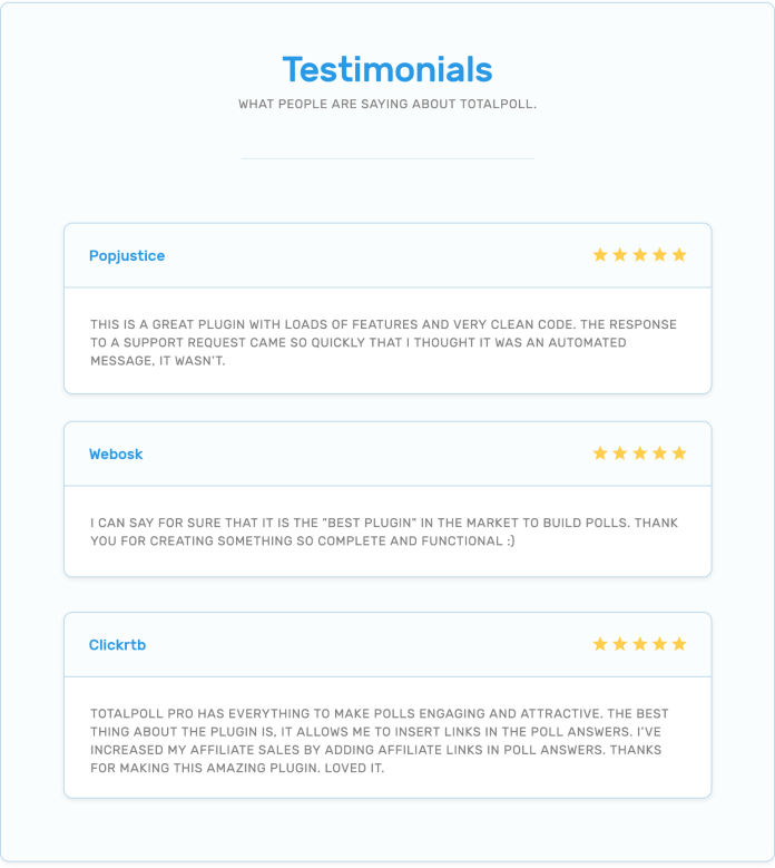 Testimonials of customers who used TotalPoll.