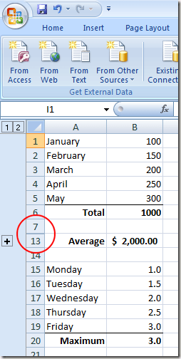 Hàng được thu gọn trong bảng tính Excel