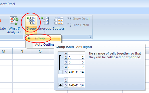 Nhóm hàng và cột trong bảng tính Excel