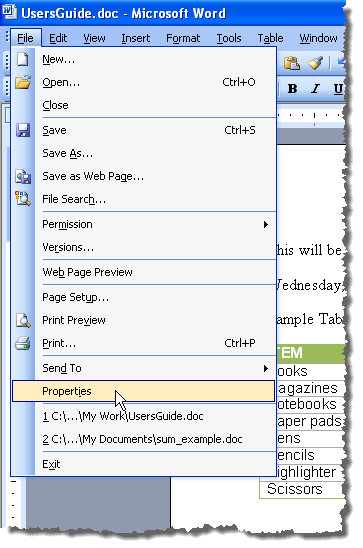 Đang chọn Properties từ menu Chèn trong Word 2003