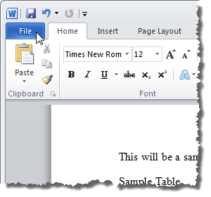 Bấm vào tab Tệp trong Word 2010