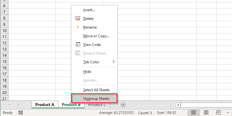 Cách rã nhóm các bảng tính trong ảnh Excel
